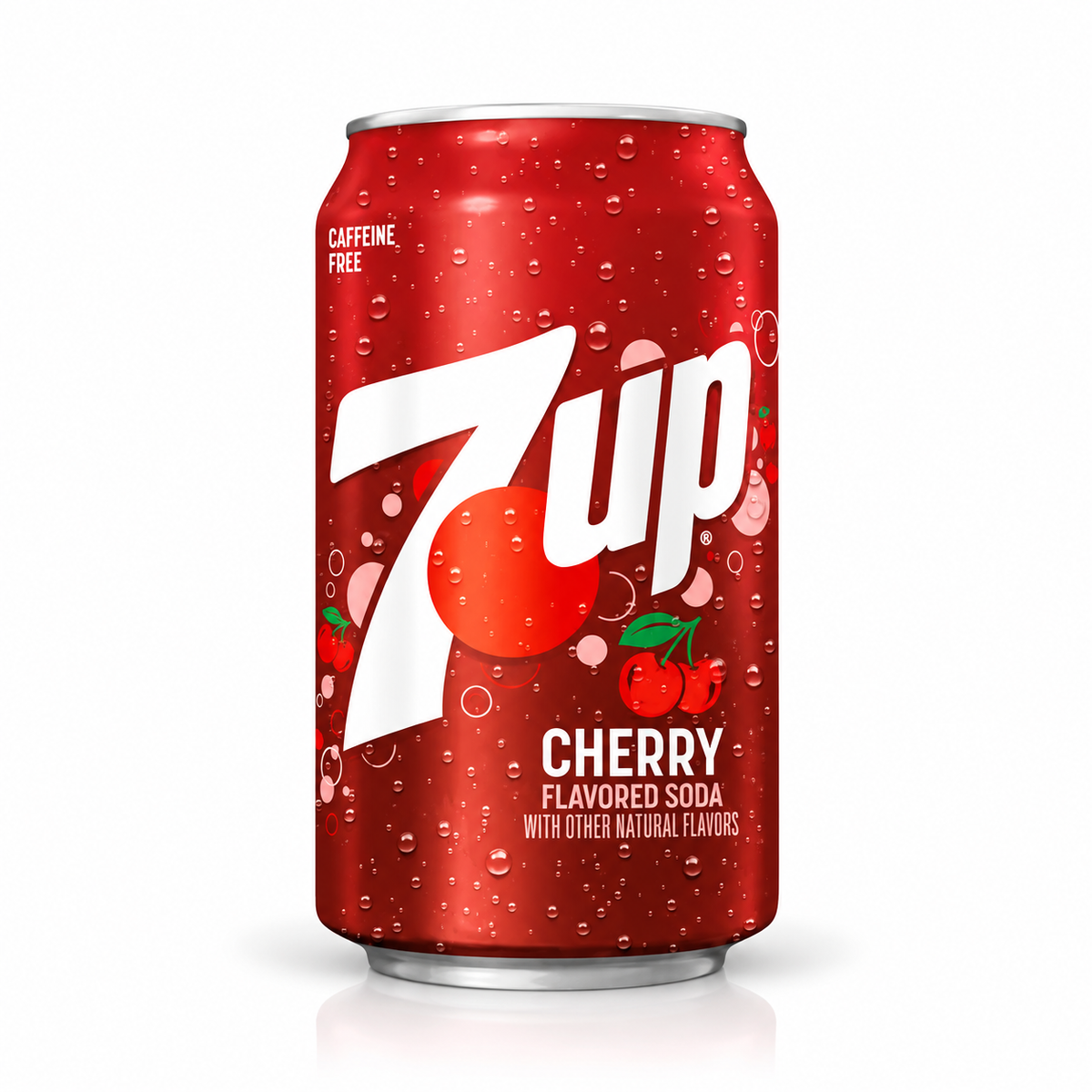 A single 7up Cherry Flavored Soda can on a clean white background. The can is bright red with a realistic water droplet texture, featuring the large white '7up' logo and illustrations of cherries.