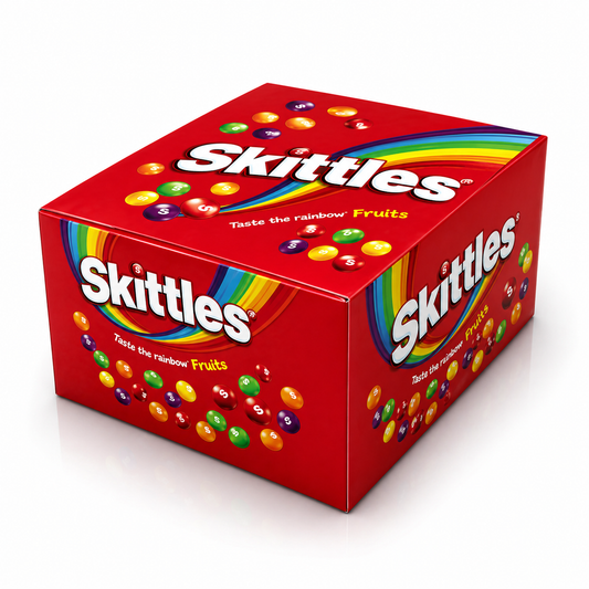Skittles candy box with colorful candies on a white background