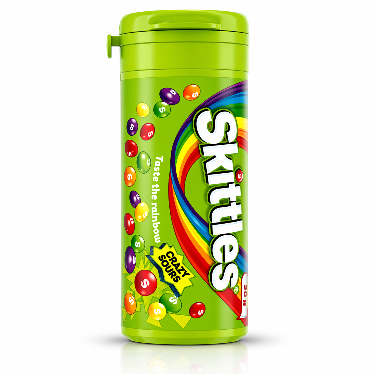 Green Skittles candy container with colorful design on a white background