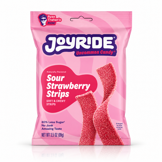 Pink package of Joyride Sour Strawberry Strips on a white background