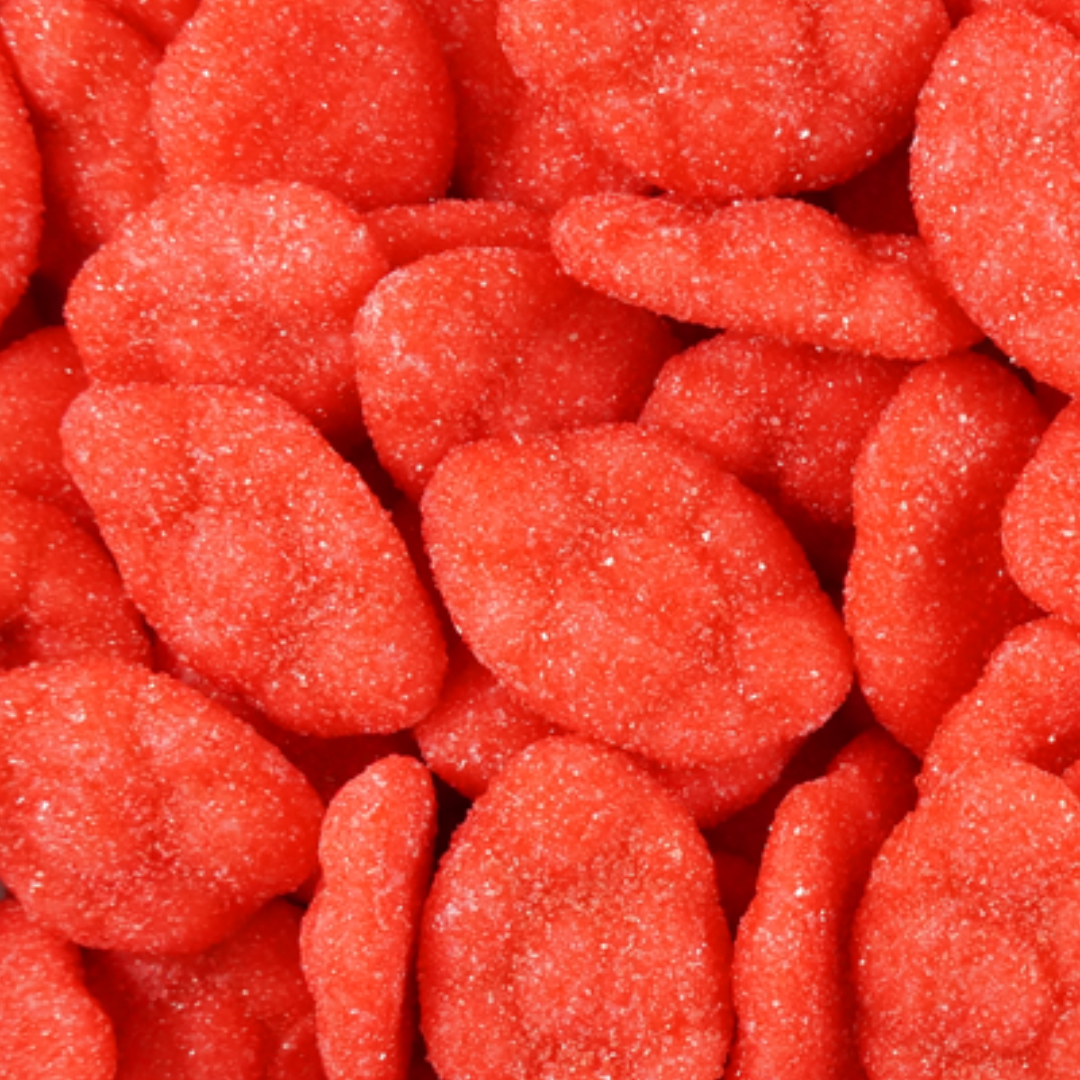A close-up image of red strawberry cloud lollies covered in sugar, part of the Trolli variety.