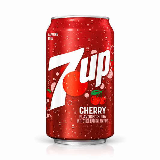 A single 7up Cherry Flavored Soda can on a clean white background. The can is bright red with a realistic water droplet texture, featuring the large white '7up' logo and illustrations of cherries.