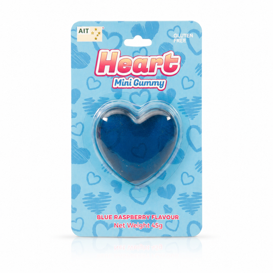 Heart-shaped blue mini gummy candy in its original blister pack packaging, labeled 'Heart Mini Gummy' with 'Blue Raspberry Flavour' and 'Net Weight 45g'.