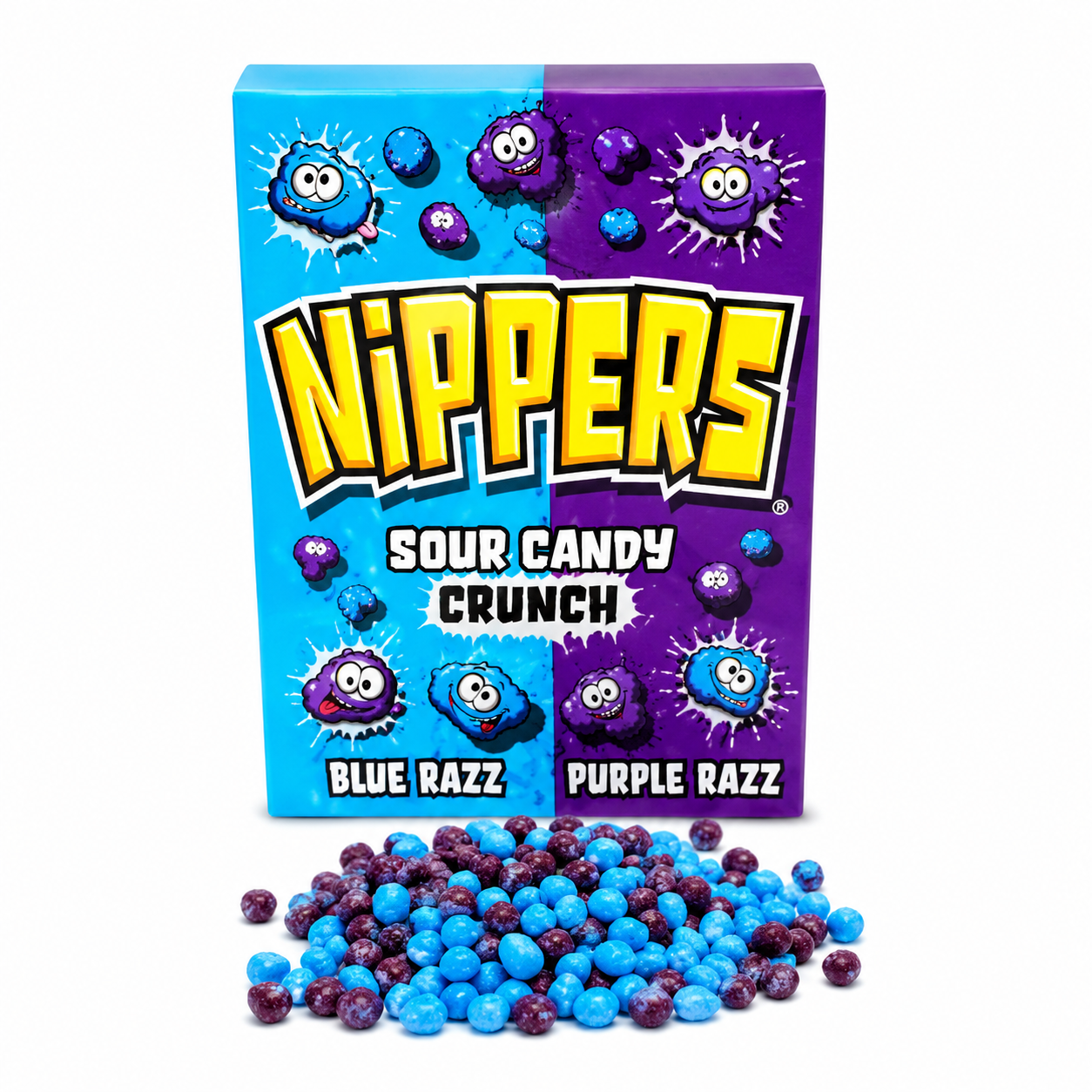 A box of Nippers Sour Candy Crunch featuring blue and purple candy pieces spilled in front on a white background.