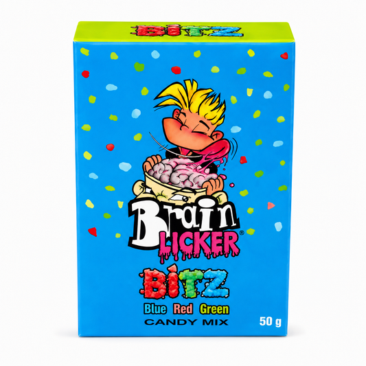 A 50g box of Brain Licker Bitz Candy Mix, featuring a bright blue front with a cartoon character holding a brain in a bowl, surrounded by colorful confetti dots, on a white background.