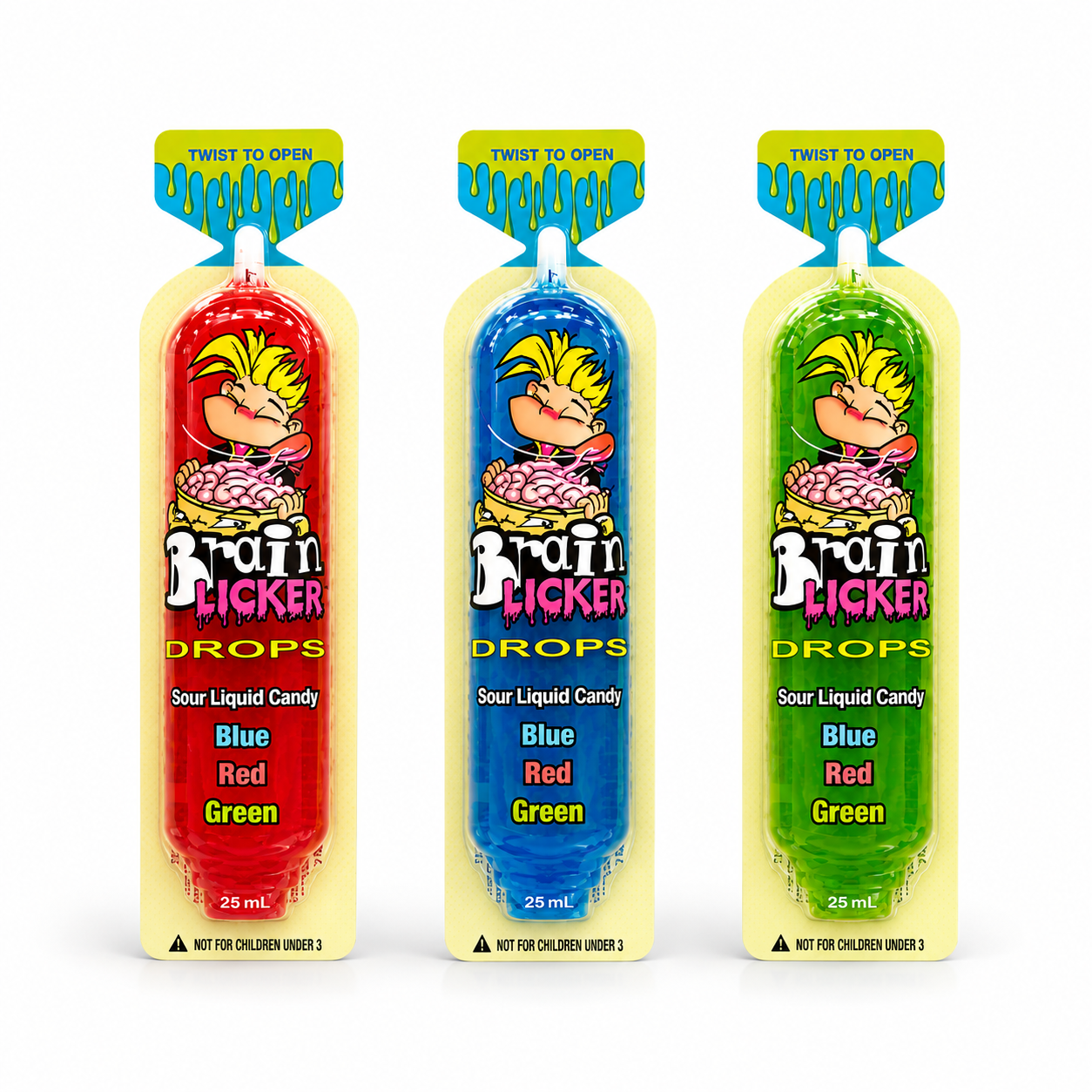 Three packages of Brain Licker Sour Liquid Candy Drops in red, blue, and green flavors, displayed side-by-side on a white background.