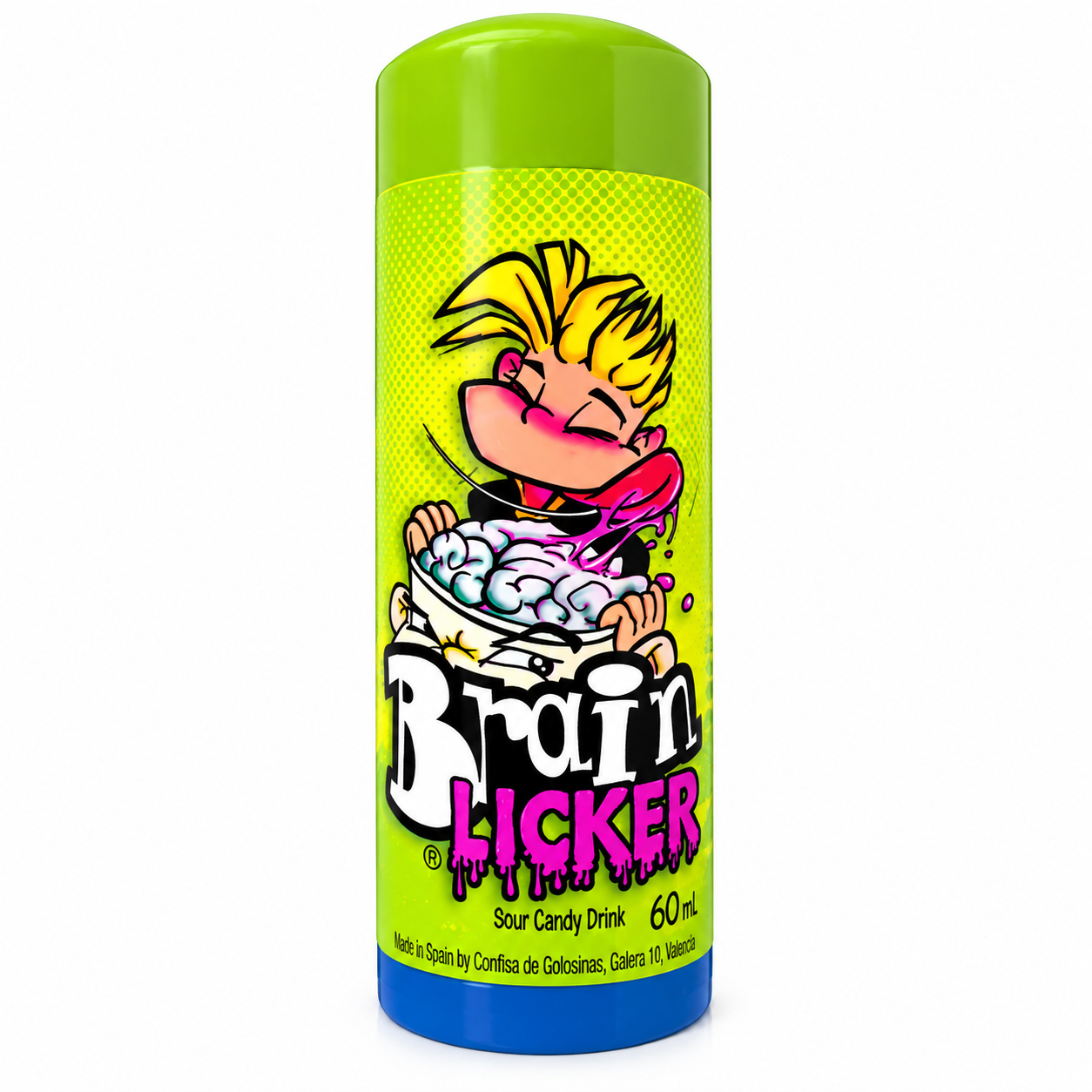 A 60 mL bottle of Brain Licker Sour Candy Drink, featuring a bright lime green and yellow label with a cartoon graphic of a blonde character licking a brain out of a bowl, and a blue cap.