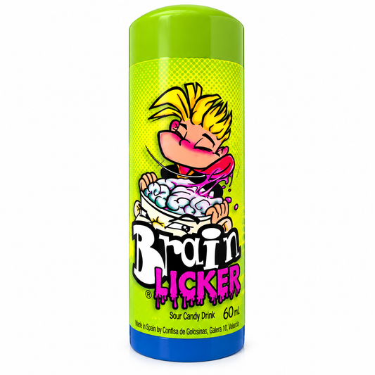 A 60 mL bottle of Brain Licker Sour Candy Drink, featuring a bright lime green and yellow label with a cartoon graphic of a blonde character licking a brain out of a bowl, and a blue cap.