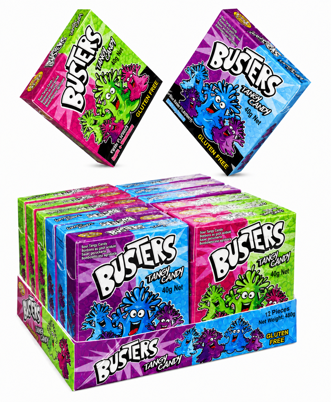 A retail display box filled with Busters Tanzy Candy gluten free bags, with two individual bags floating above on a plain white background.