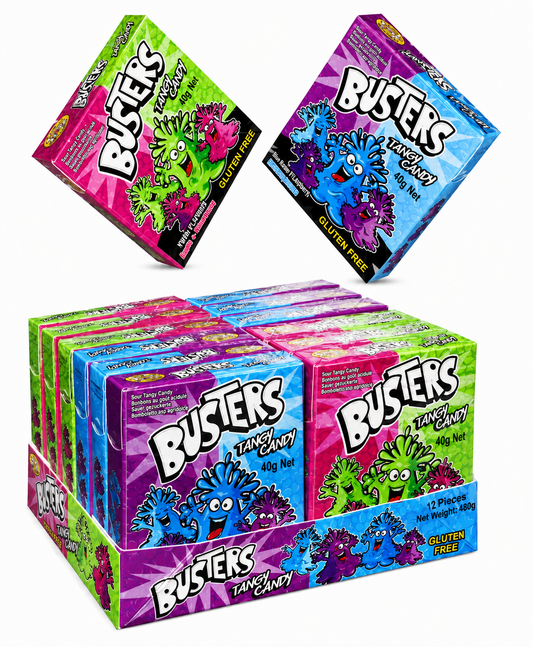 A retail display box filled with Busters Tanzy Candy gluten free bags, with two individual bags floating above on a plain white background.