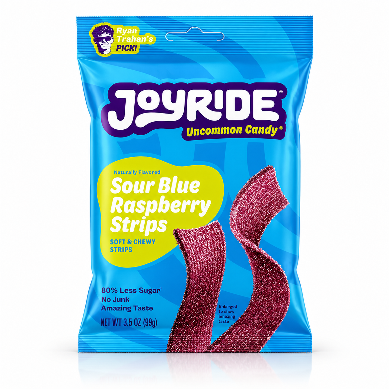 Joyride Sour Blue Raspberry Strips candy package on a white background