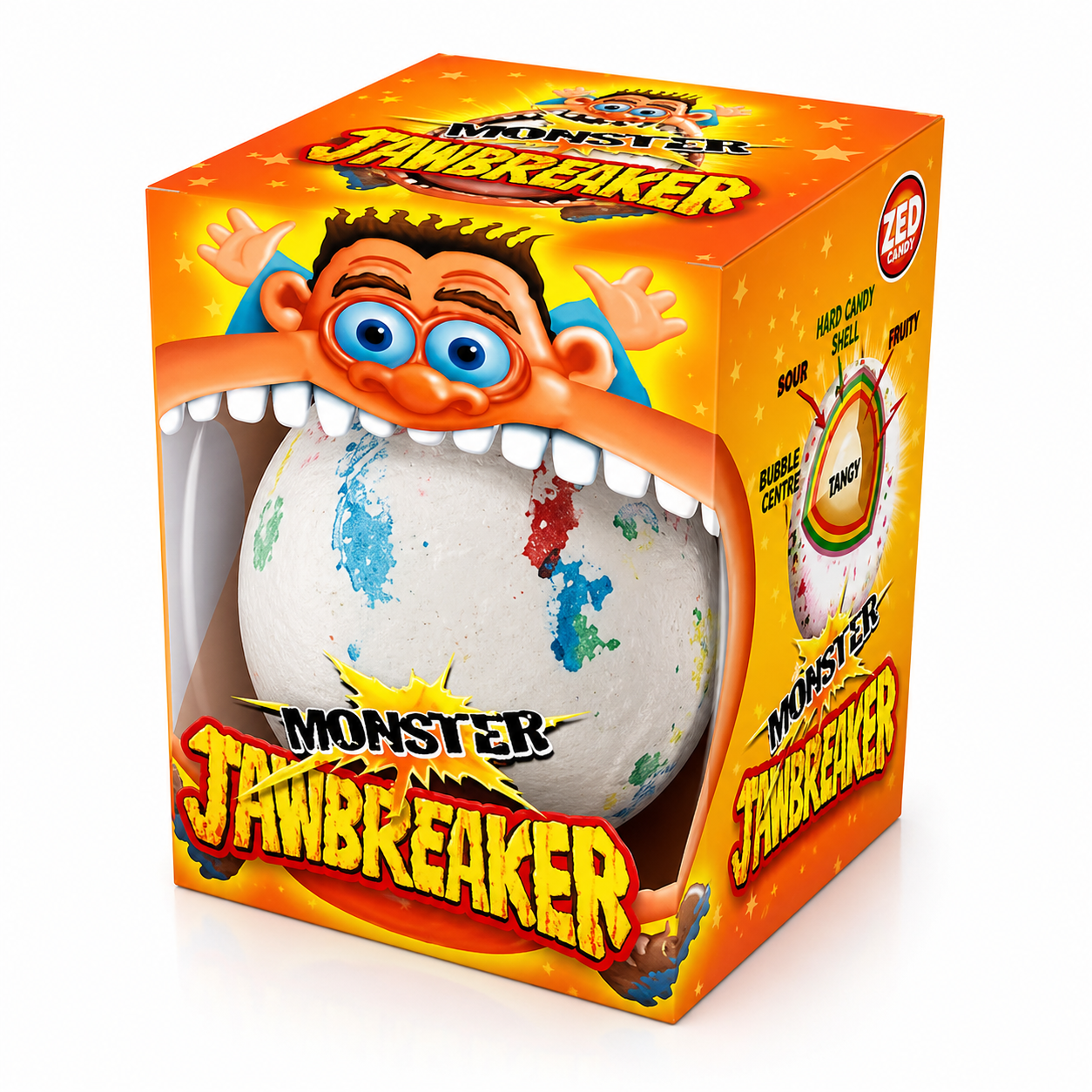Monster Jawbreaker toy in its packaging with a cartoon character on a white background