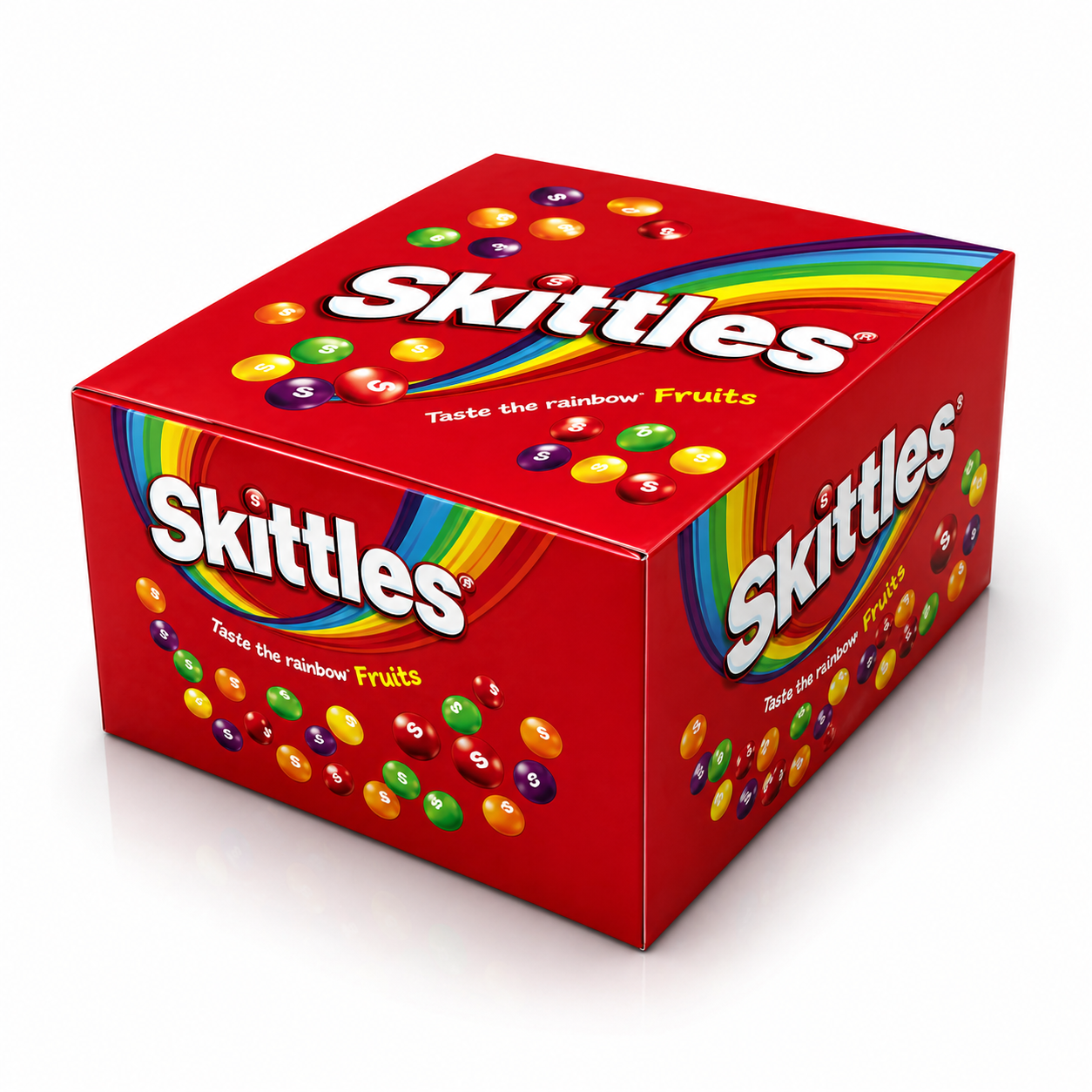 Skittles candy box with colorful candies on a white background