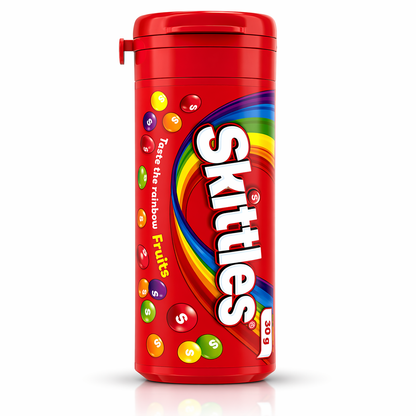 Red Skittles candy container with colorful candy pieces on a white background