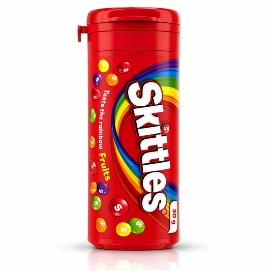 Red Skittles candy container with colorful candy pieces on a white background