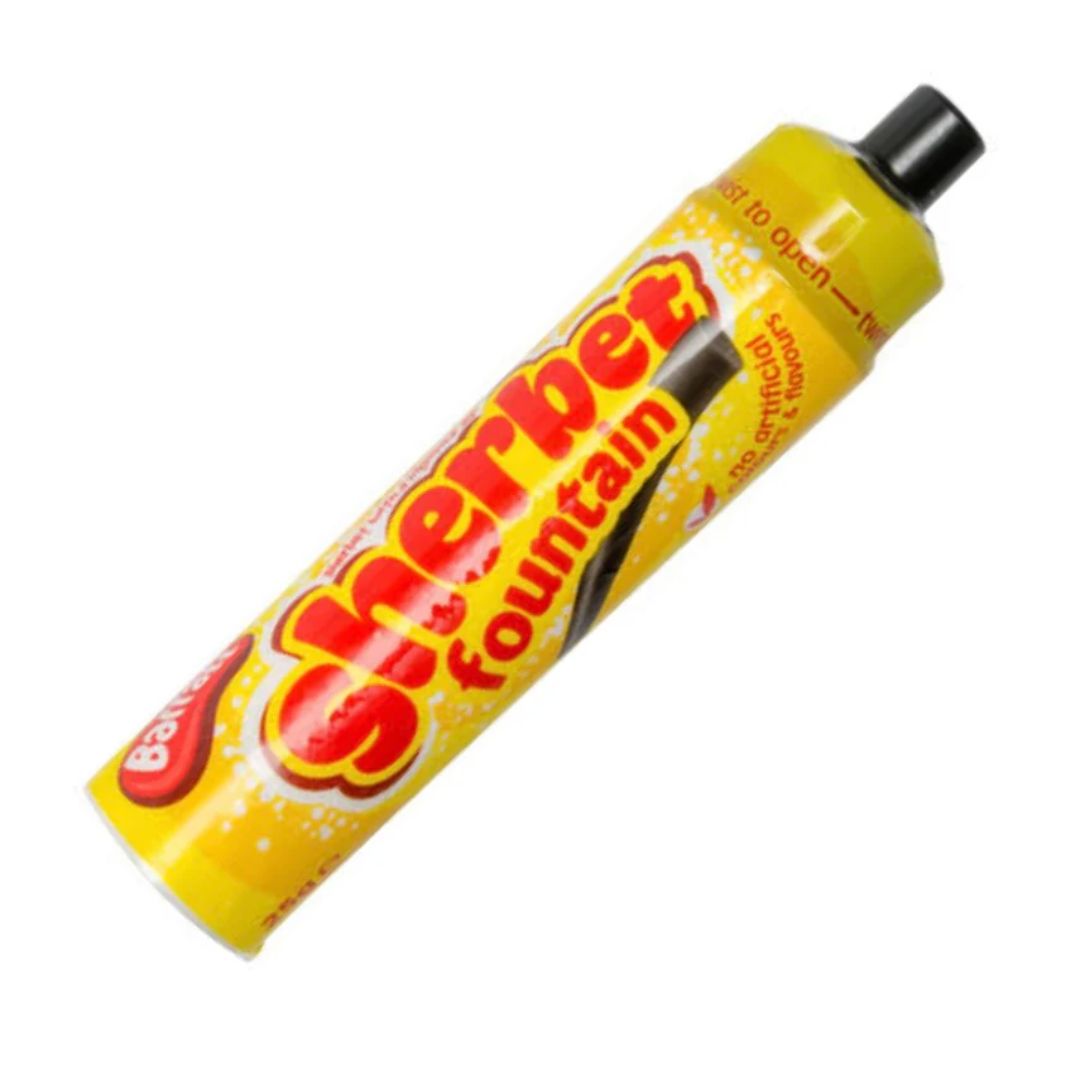 Sherbet fountain syringe with yellow and red label on a white background