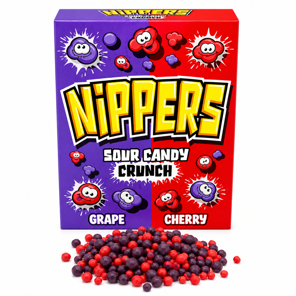 A box of Nippers Sour Candy Crunch Grape and Cherry candies with a pile of the red and purple candy pieces spilled in front on a white background.