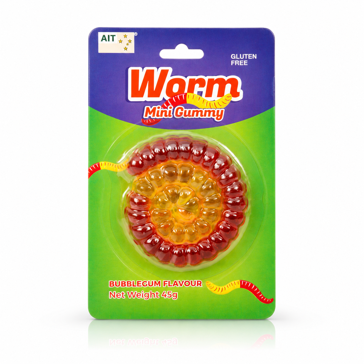A package of Worm Mini Cummy Bubblegum Flavour candy, featuring a circular, coiled red and yellow gummy worm inside a clear blister pack on a green and purple card backing.