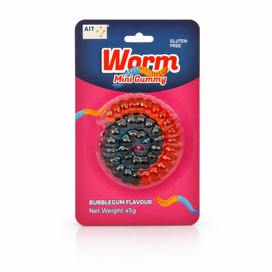 Worm Mini Gummy Bubblegum Flavour candy in blister packaging, featuring red and black gummy worms on a pink and blue card.