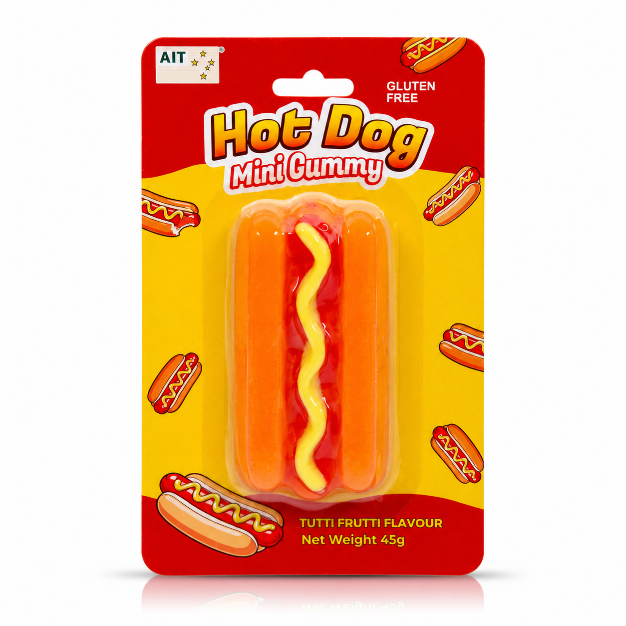 A packaged novelty gummy candy shaped like a hot dog, in a red and yellow blister pack with the text 'Hot Dog Mini Gummy' and 'Tutti Frutti Flavour'.