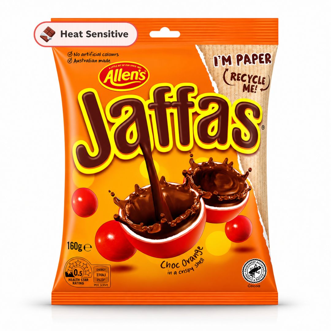 Packaging of Allen's Jaffas chocolate orange candy on a white background