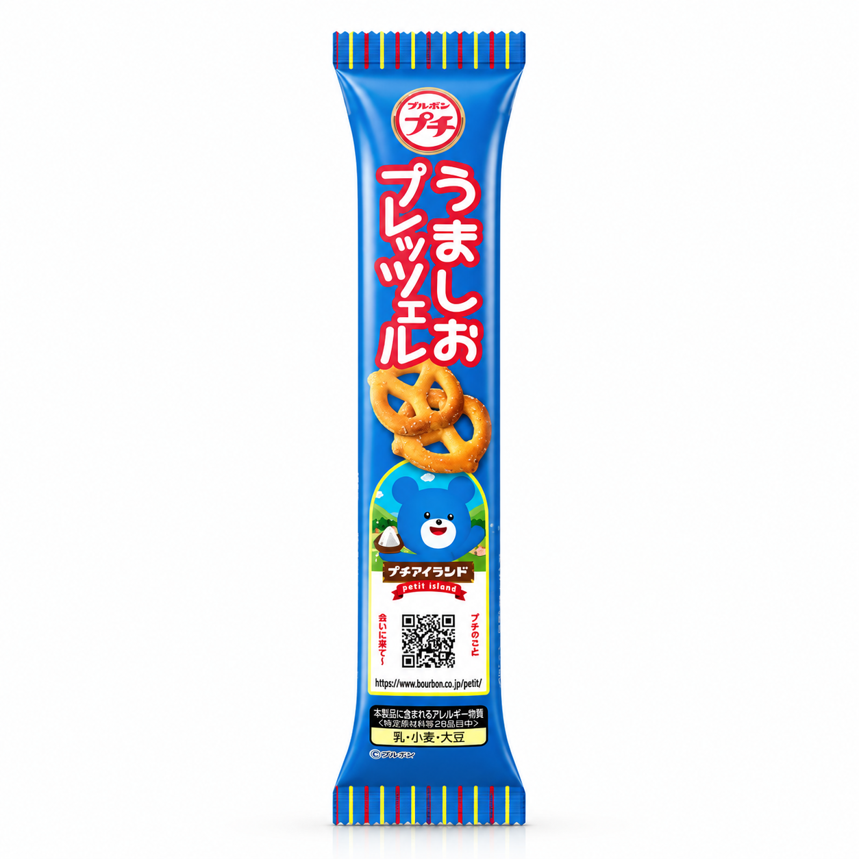 A single blue package of Japanese pretzels on a plain white background. The package features red and white Japanese text, an illustration of golden-brown pretzels, a cartoon blue character, and a QR code.