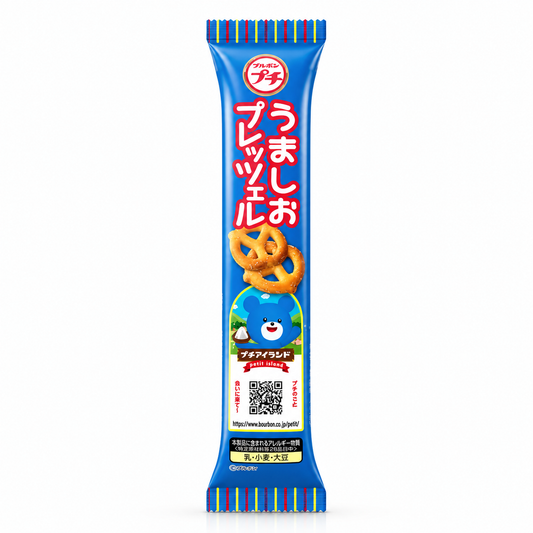 A single blue package of Japanese pretzels on a plain white background. The package features red and white Japanese text, an illustration of golden-brown pretzels, a cartoon blue character, and a QR code.
