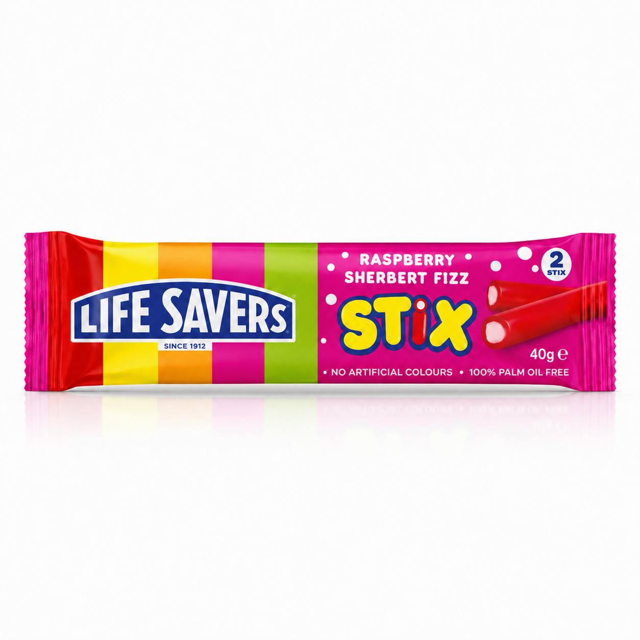 A Life Savers Stix Raspberry Sherbert Fizz candy stick pack, featuring a vibrant multicolor design with red, yellow, green, and pink sections, on a clean white background.