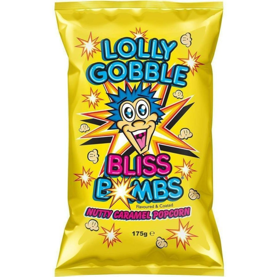 Yellow package of Lolly Gobble Bliss Bombs with a cartoon character on a white background