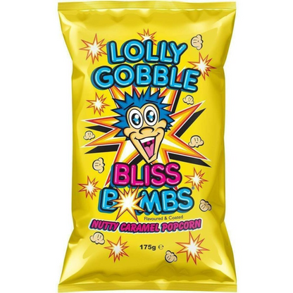 Yellow package of Lolly Gobble Bliss Bombs with a cartoon character on a white background