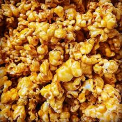 Close-up of popcorn kernels coated in caramel toffee