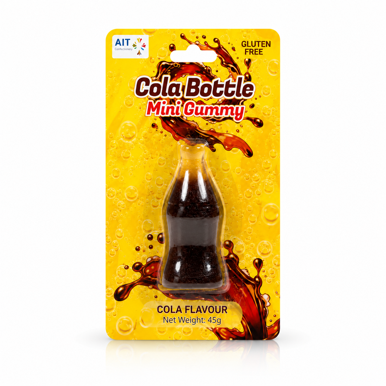 A packaged novelty cola-shaped mini gummy candy on a bright yellow card backing. The card shows the text 'Cola Bottle Mini Gummy', 'COLA FLAVOUR', 'Net Weight: 45g', and 'Gluten Free'.