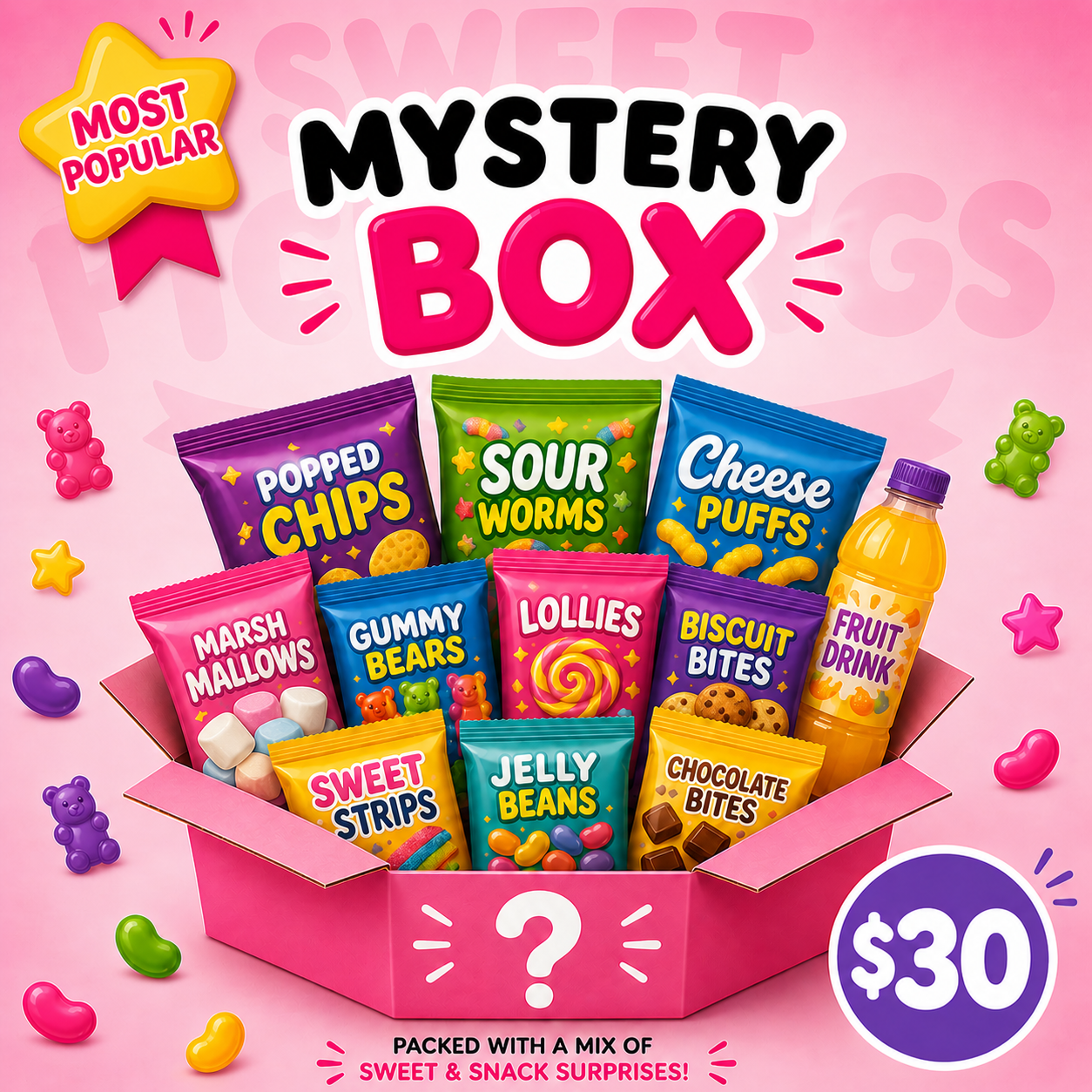 Promotional image of a mystery box with various snacks on a pink background