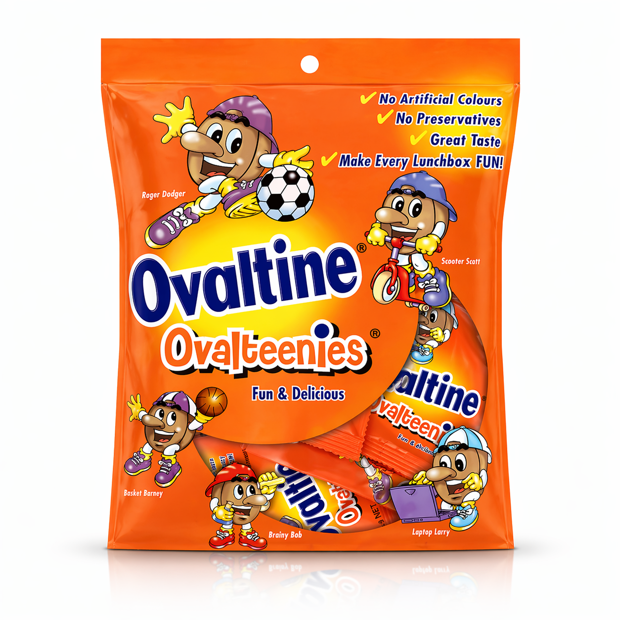 Ovaltine Ovalteenies packaging with cartoon characters on an orange background