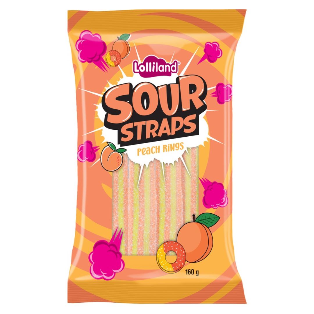 Packaging of Lolliland Sour Straps Peach Rings candy on a white background