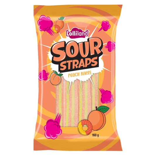 Packaging of Lolliland Sour Straps Peach Rings candy on a white background