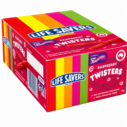 A 1 kg box of Life Savers Raspberry Twisters, featuring a vibrant multicolor striped design in red, pink, orange, yellow, green, and blue, with a red ribbon tied around the top.