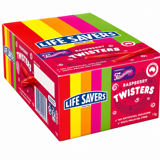 A 1 kg box of Life Savers Raspberry Twisters, featuring a vibrant multicolor striped design in red, pink, orange, yellow, green, and blue, with a red ribbon tied around the top.