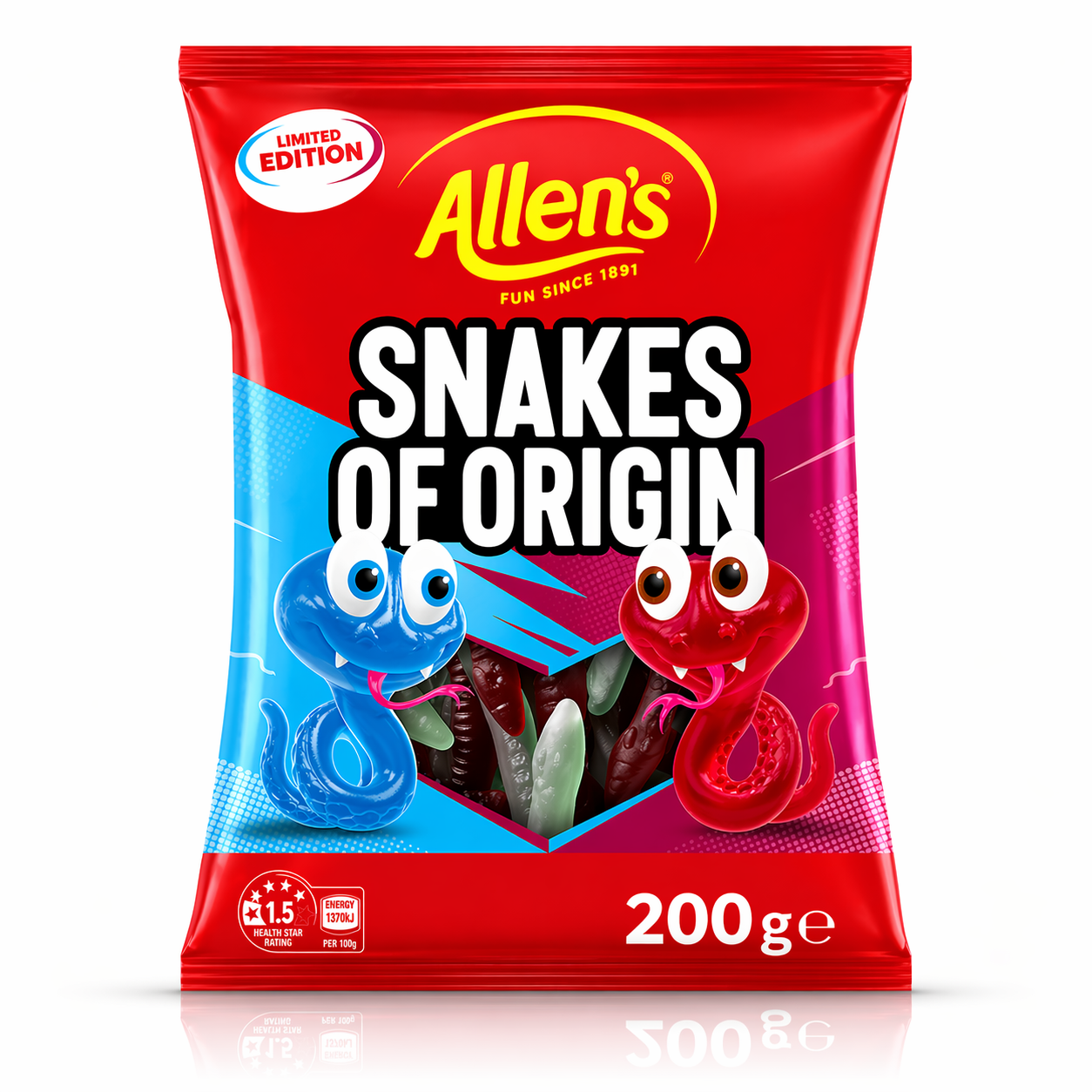 Packaging of Allen's Snakes of Origin candy with red and blue snakes on a white background.