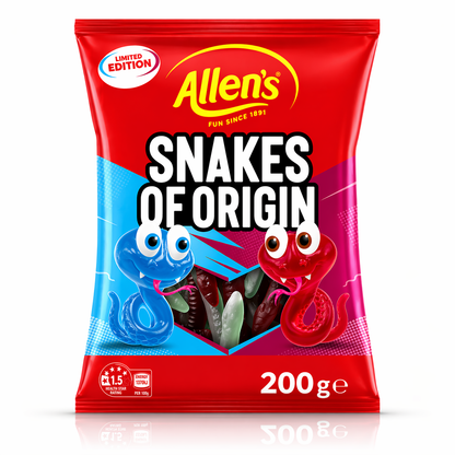 Packaging of Allen's Snakes of Origin candy with red and blue snakes on a white background.