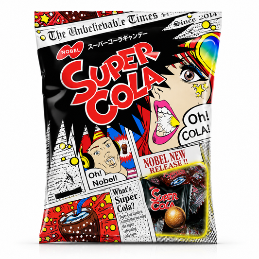 A bag of Nobel Super Cola candy featuring a bold pop-art comic book style design with red 'Super Cola' lettering, illustrated faces, newspaper panels, and candy imagery on a white background.