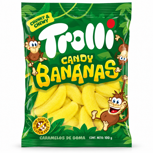 A 100g bag of Trolli Candy Bananas gummy candies, featuring a bright green jungle-themed packaging with cartoon monkeys and yellow banana-shaped gummies visible through a clear window.