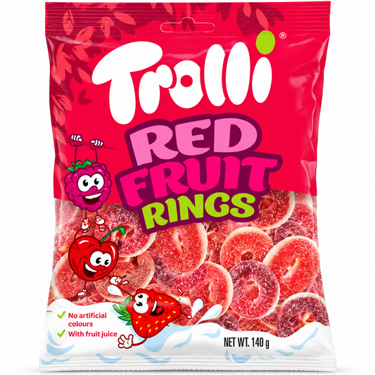 A 140g bag of Trolli Red Fruit Rings candy, featuring a bright red packaging design with illustrations of a raspberry, a cherry, and a strawberry, and a clear window showing the pinkish-red sugar-coated fruit ring candies inside.