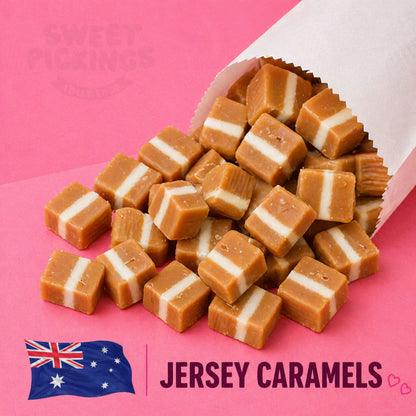 Jersey caramels with a pink background and 'Sweet Pickings' branding.