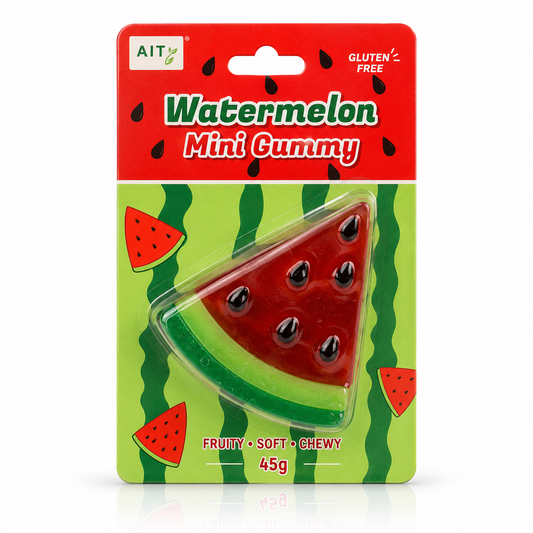AIT Watermelon Mini Gummy in its original blister card packaging, featuring a watermelon slice-shaped gummy candy on a red and green watermelon-themed background.