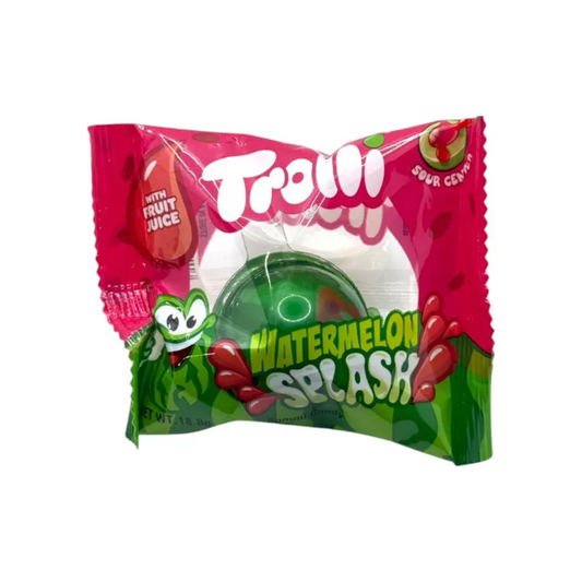 Packaged watermelon-flavored candy with 'Troll' branding on a white background