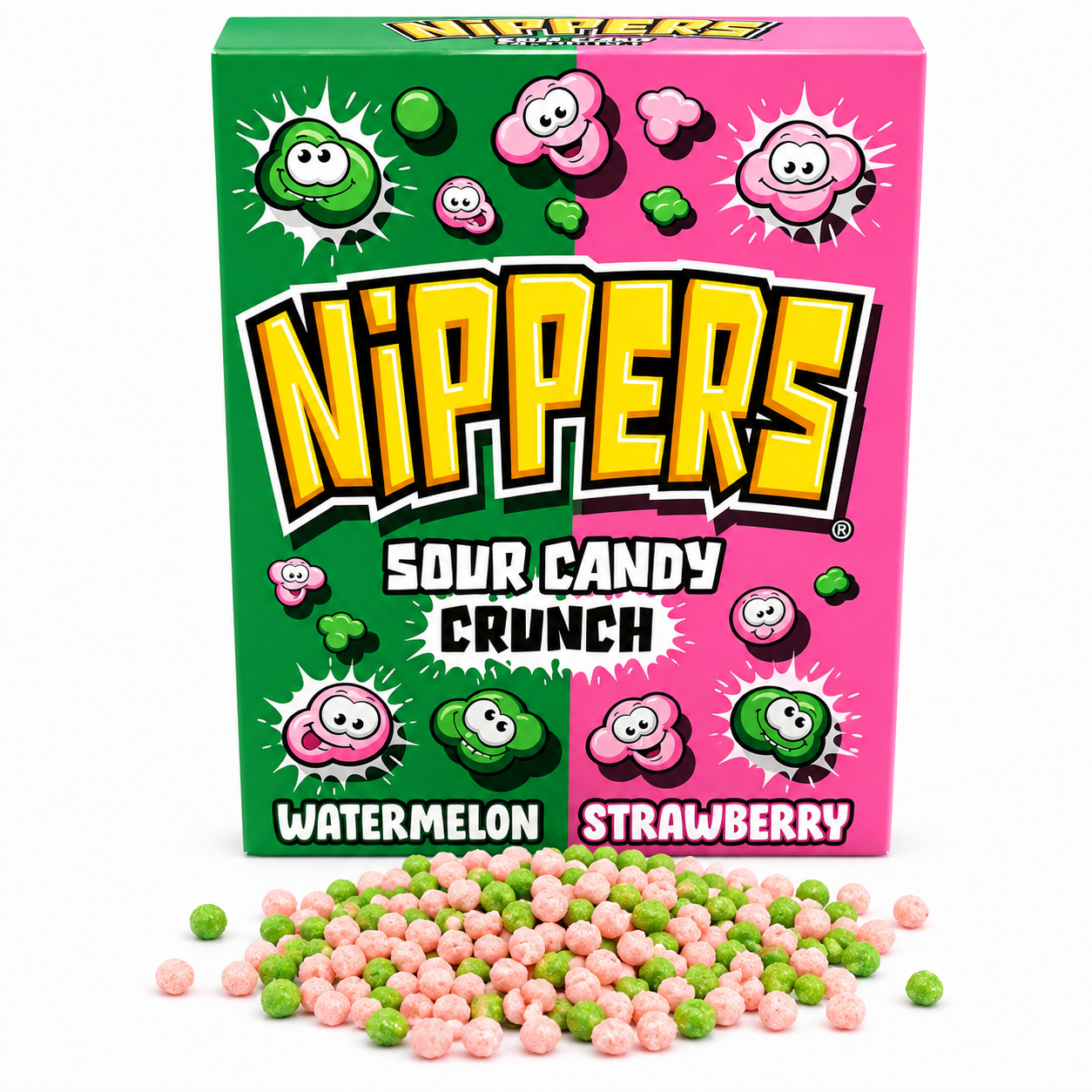 A box of Nippers Sour Candy Crunch in Watermelon and Strawberry flavors, with pink and green candy pearls spilled in front on a white background.