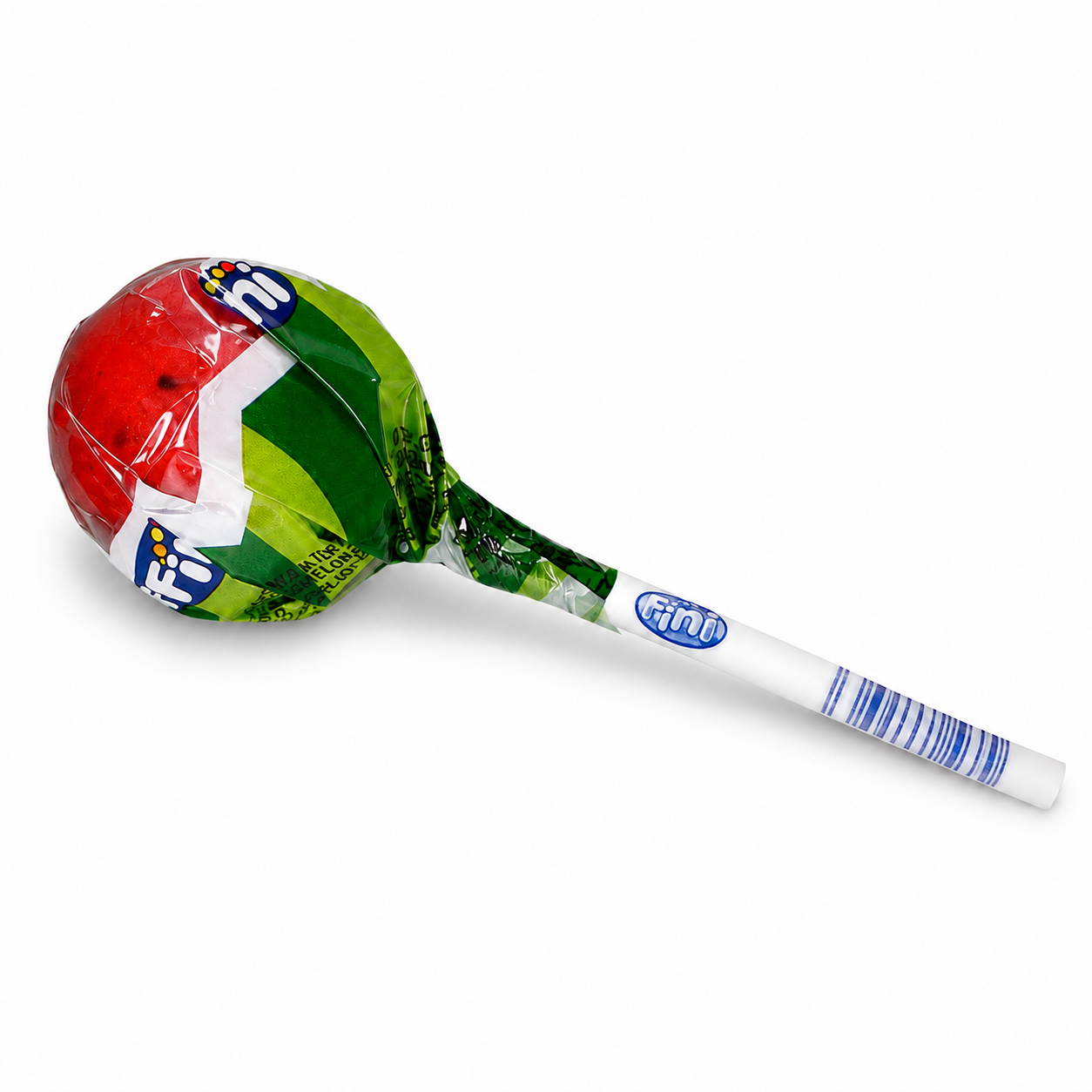 A wrapped lollipop with a red and green round candy head, a green-and-white wrapper section, and a white stick with blue barcode stripes, photographed on a plain white background.