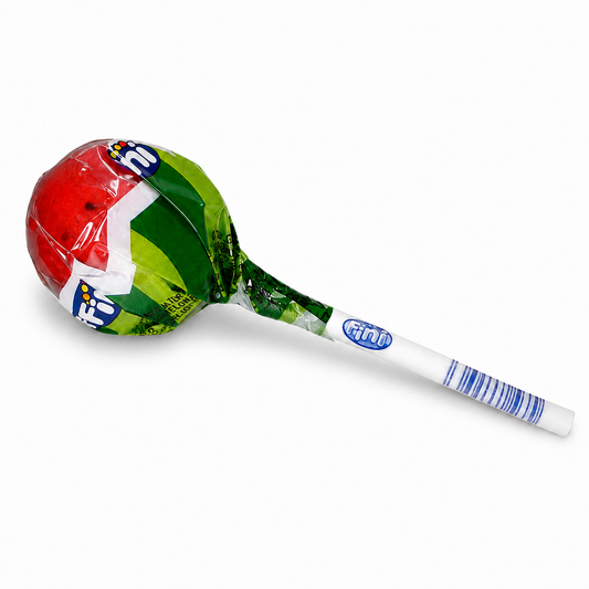 A wrapped lollipop with a red and green round candy head, a green-and-white wrapper section, and a white stick with blue barcode stripes, photographed on a plain white background.