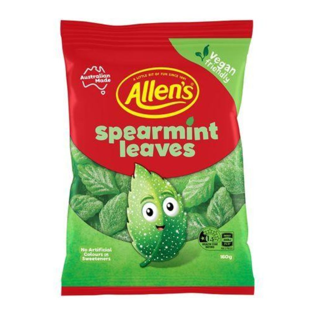 Packaging of Allen's spearmint leaves on a white background